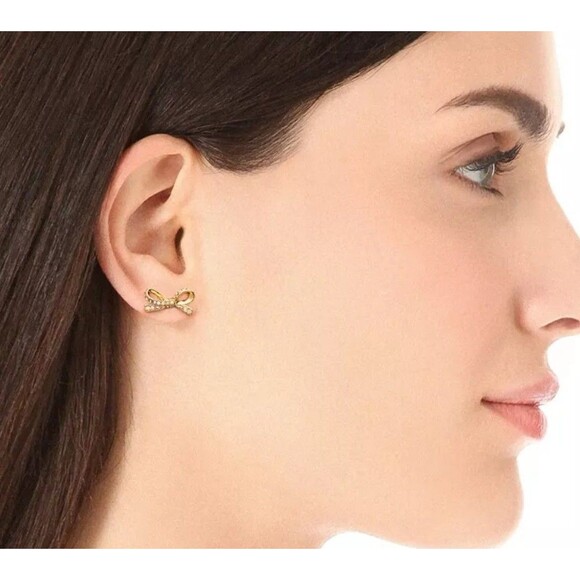 Kate Spade Skinny Mini Bow Rose Gold Pave Crystal Stud Earrings Pierced Post - Picture 2 of 6